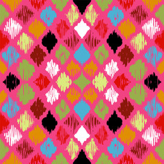 Ikat geometric folklore ornament with diamonds. Tribal ethnic vector texture. Seamless striped pattern in Aztec style. Folk embroidery. Indian, Scandinavian, Gypsy, Mexican, African rug.