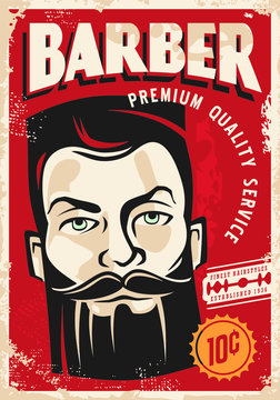 Barber shop retro poster design with bearded man portrait on old paper texture background. Haircut and shaving service vector image.