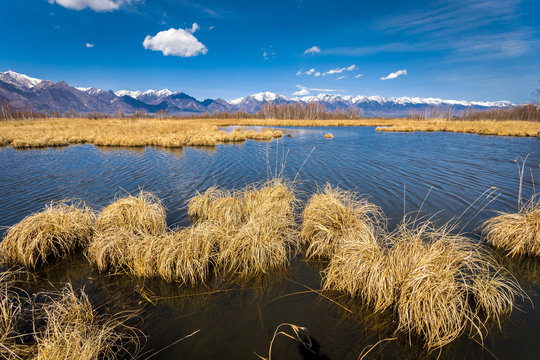 lakes on the background of mountains with snow peaks, Buryatia, Tunka valley, coimor lakes, Russia, Siberia