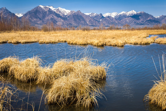 lakes on the background of mountains with snow peaks, Buryatia, Tunka valley, coimor lakes, Russia, Siberia