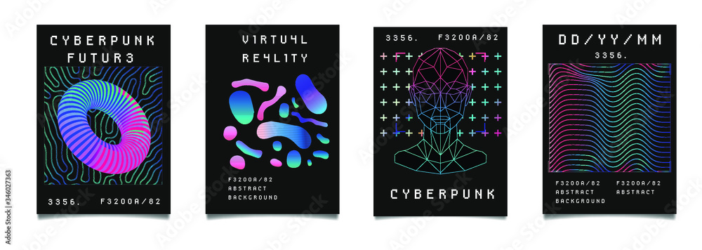 Aufkleber Set of synthwave style posters with geometric surreal elements. Collection of futuristic cyberpunk covers for Information technology, biology and science events.