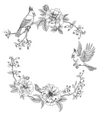 Frame of birds of cardinals and climbing roses, contour black and white drawing, can be used as a coloring page for children and adults.