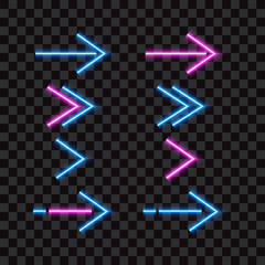 Neon arrow set, blue and pink, vector illustration.