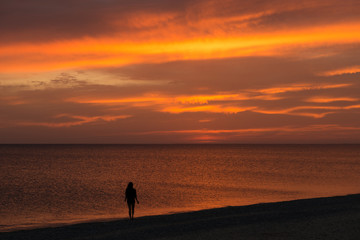 Silhouette of a slender girl watch the beautiful sunset on the seashore on a summer evening. Lonely young girl walks along the seashore at sunset
