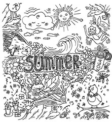 Doodle black and white coloring page with summer theme