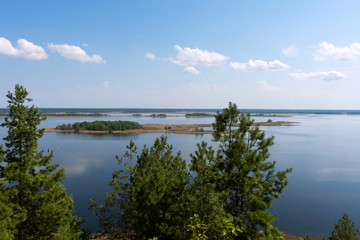Landscape of Dnieper river with islands covered by fores in Vitachiv, Ukraine 