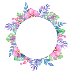 Watercolor spring floral frame with pink orchids