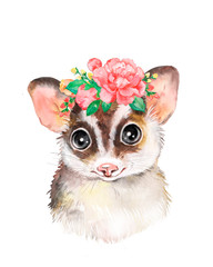 Fototapeta na wymiar Watercolor illustration of a little flying squirrel with a floral wreath, cute big-eyed animal, children's poster, for children, nursery art, children's illustration