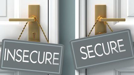 secure or insecure as a choice in life - pictured as words insecure, secure on doors to show that insecure and secure are different options to choose from, 3d illustration