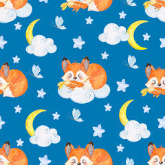 Aquarelpatroon met kleine slapende vossen, cantharel die op een wolk slaapt, patroon voor het decoreren van kinderspullen