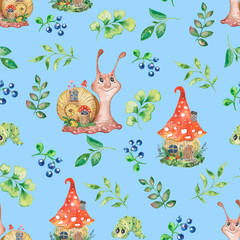 Watercolor pattern with snail, snail house, plants, greens