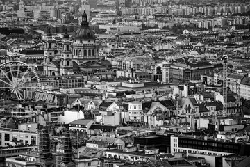 high angle view of a city center in Budapest with multiple buildings in black&white