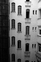 black and white facade of a building with windows