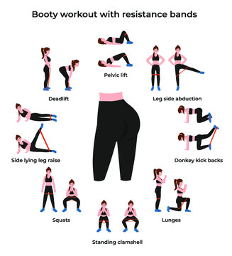 Set Booty or glutes workout with resistance bands. Female character do exercise at home. Flat vector cartoon modern illustration.
