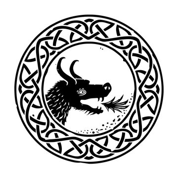 Round Celtic or Viking knot pattern with a fire-breathing dragon head.