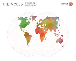 Fototapeta na wymiar Abstract geometric world map. Ginzburg VI projection of the world. Colorful colored polygons. Energetic vector illustration.