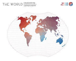 Triangular mesh of the world. Ginzburg VI projection of the world. Red Blue colored polygons. Contemporary vector illustration.
