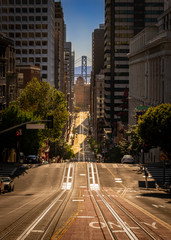 San Francisco, Ca. seen from on top of the hill of California St. durning the coronavirus shelter in place orders with the city looking empty