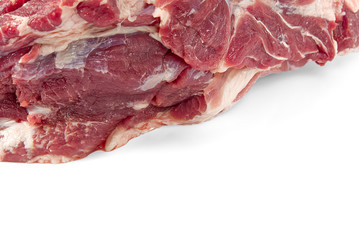 Fresh raw pork neck meat isolated on white background. Pork belly on a white background. Raw pork neck boneless, close-up, isolated.