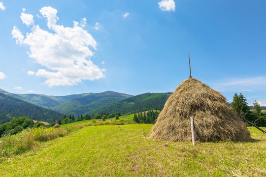 idyllic rural landscape on a sunny summer day. idyllic rural. hay stack on the field. wonderful countryside in mountains beneath a blue sky with fluffy clouds