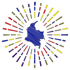 Sketch map of Colombia. Sunburst around the country in flag colors. Hand drawn Colombia shape with sun rays on white background. Vector illustration.