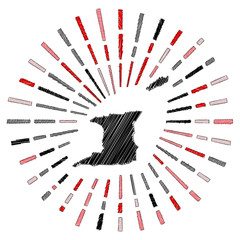 Obraz premium Sketch map of Trinidad and Tobago. Sunburst around the country in flag colors. Hand drawn Trinidad and Tobago shape with sun rays on white background. Vector illustration.