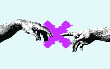 Hands not going to touch together. Concept of social distancing during COVID-19 and quarantine. Pixel art style illustration. - obrazy, fototapety, plakaty