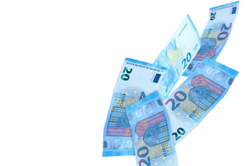 Euro banknotes cash flying on white backdrop. Clipping path. Copy space. 20 euros