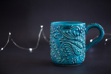 Taza azul, mug turco con detalles y luces - colores