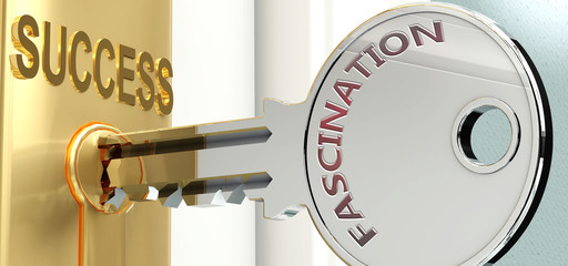 Fascination and success - pictured as word Fascination on a key, to symbolize that Fascination helps achieving success and prosperity in life and business, 3d illustration