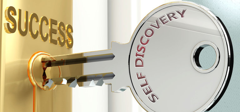 Self discovery and success - pictured as word Self discovery on a key, to symbolize that Self discovery helps achieving success and prosperity in life and business, 3d illustration