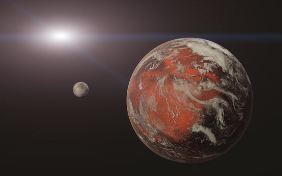 Colorful picture represents Mars with white atmosphere and its moon of solar system. High detaled 3D render illustration Elements of this image furnished by NASA.