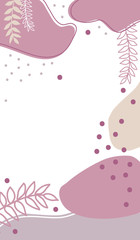 Abstract vertical background with leaves, dots and shapes. Background for mobile app page minimalistic style. Vector illustration. White, pink and beige.