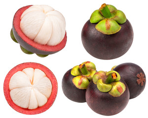 Collection of Mangosteen with leaves isolated on white background, Whole Mangosteen fruit with slice isolated on white with clipping path