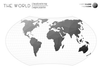 Low poly world map. Wagner projection of the world. Grey Shades colored polygons. Awesome vector illustration.