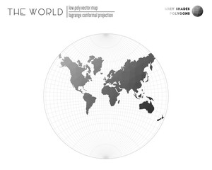 Low poly design of the world. Lagrange conformal projection of the world. Grey Shades colored polygons. Elegant vector illustration.