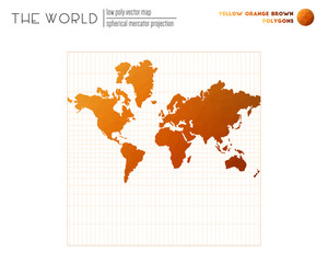 Abstract world map. Spherical Mercator projection of the world. Yellow Orange Brown colored polygons. Contemporary vector illustration.