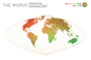 World map with vibrant triangles. Craster parabolic projection of the world. Red Yellow Green colored polygons. Elegant vector illustration.