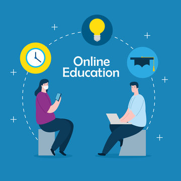 couple in education online with icons vector illustration design