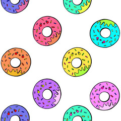 Kawaii donuts seamless pattern. Vector illustration isolated on white background. For packing design, textile