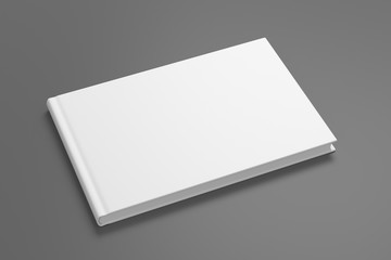 Blank horizontal book cover mock up on gray background. Side view. 3d illustration