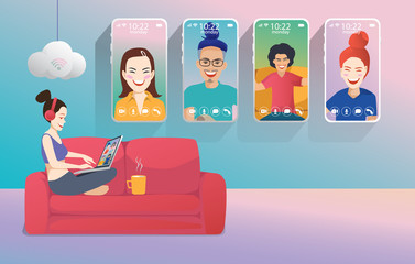 Video conference landing. People on smartphone screen taking with a colleague. Videoconferencing and online meeting workspace man and woman. self-quarantine to prevent from COVID -19, vector