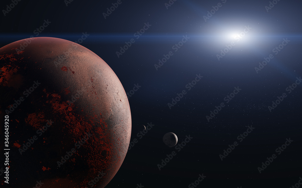 Poster mars planet of solar sysrem and its moon close up. 3d rendered illustration. elements of this image 