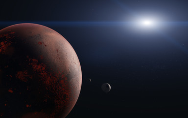 Mars planet of Solar sysrem and its moon close up. 3d rendered illustration. Elements of this image furnished by NASA.