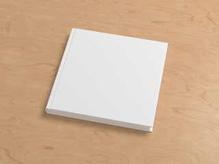 Blank square book cover mock up on wooden background. Side view. 3d illustration