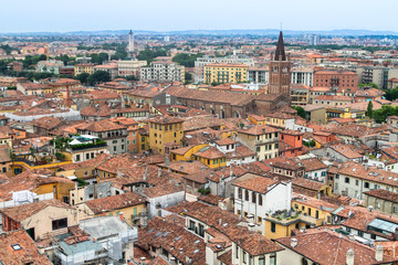 Fototapeta na wymiar Roofs of Verona, Italy as seem from the Lamberti tower height, Torre dei Lamberti