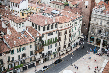 Piazza delle Erbe in Verona, Italy as seem from the Lamberti tower height, Torre dei Lamberti