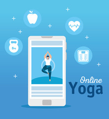 woman practicing yoga online technology vector illustration design