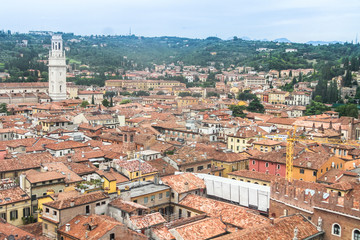 Fototapeta premium Roofs of Verona, Italy as seem from the Lamberti tower height, Torre dei Lamberti