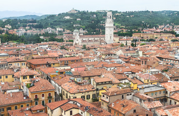 Fototapeta na wymiar Roofs of Verona, Italy as seem from the Lamberti tower height, Torre dei Lamberti